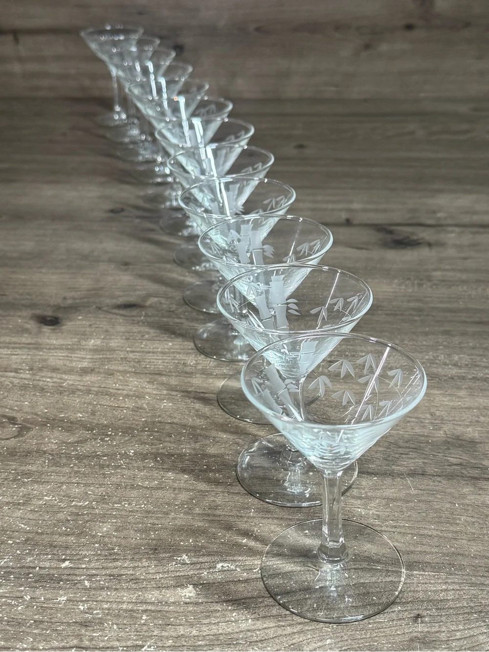 (12) Vintage Noritake Sasaki Bamboo Etched Glassware Martini Glasses Set 12